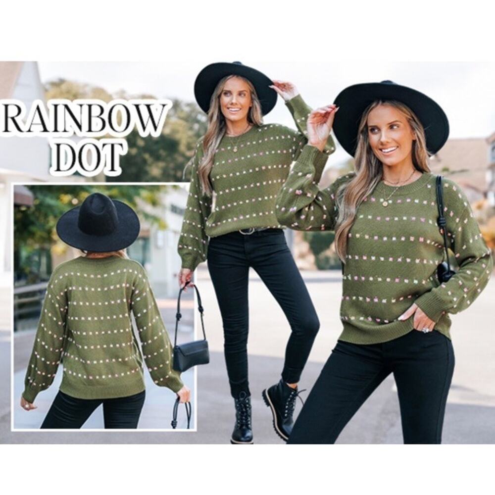 CUPSHE Women’s Rainbow Dots Knit Crewneck Long Sleeve Pullover Sweater‎ Green XS